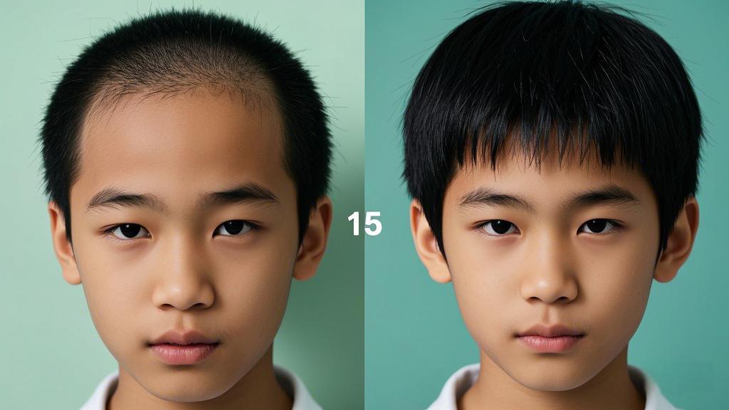 15岁脱发少年戴假发效果