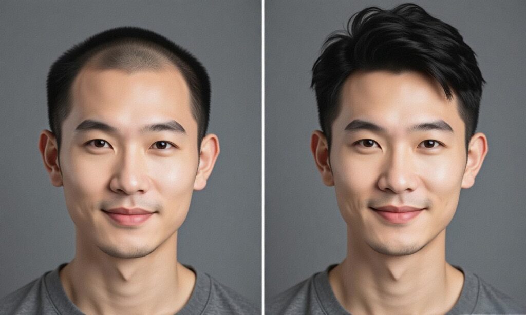 头发稀疏佩戴假发前后效果对比