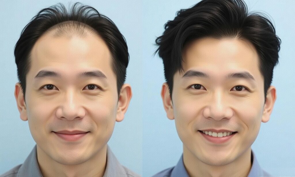 发际线高佩戴假发前后效果对比