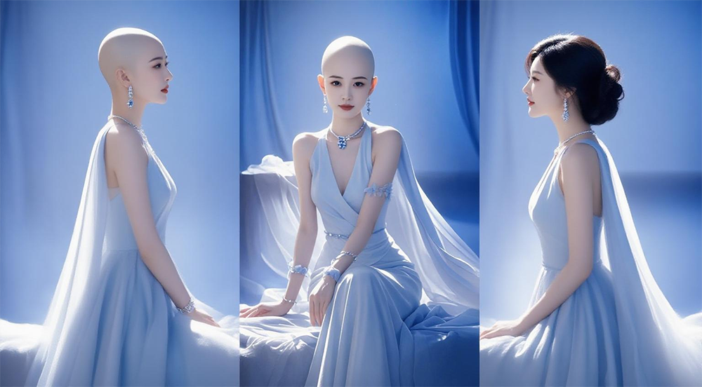 女士秃顶戴假发效果