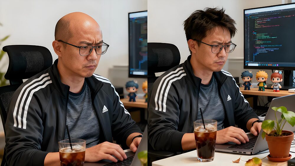秃顶程序员佩戴极客侠假发效果