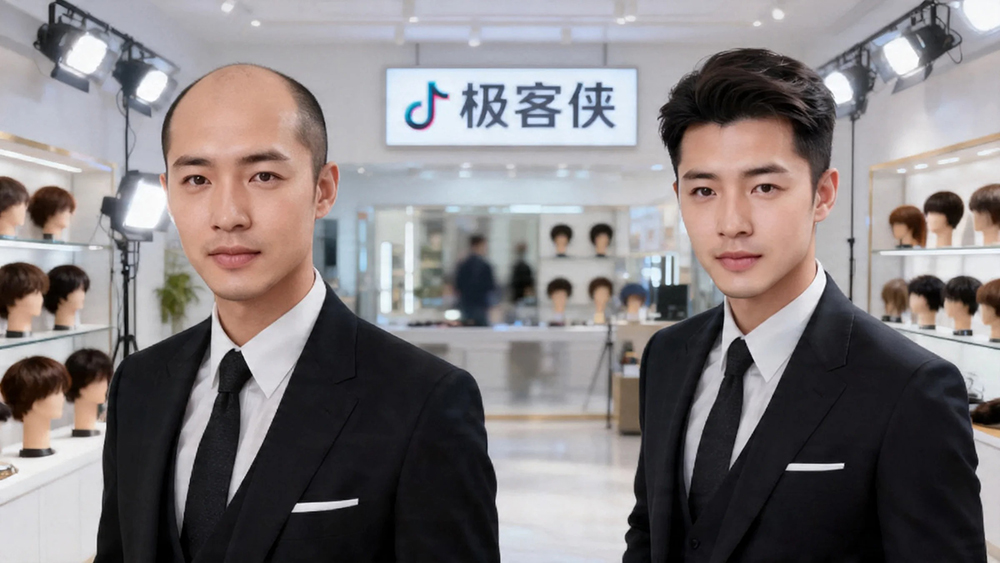 秃顶佩戴极客侠假发前后效果对比