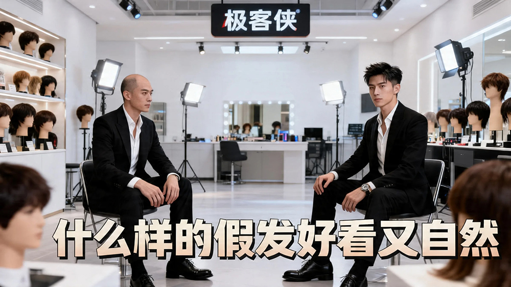 秃顶佩戴极客侠假发前后效果对比