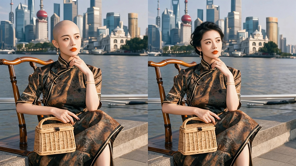 上海李女士(乳腺癌康复期),光头佩戴极客侠假发效果