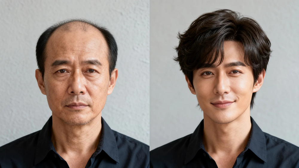 极客侠男士假发佩戴前后效果对比图