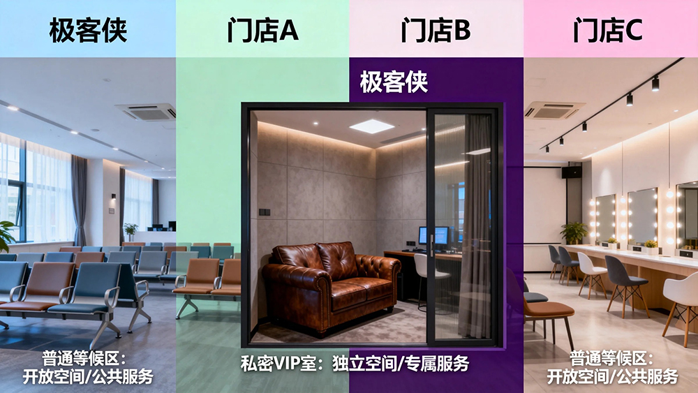 四家门店服务场景对比拼图,极客侠私密VIP室独占优势