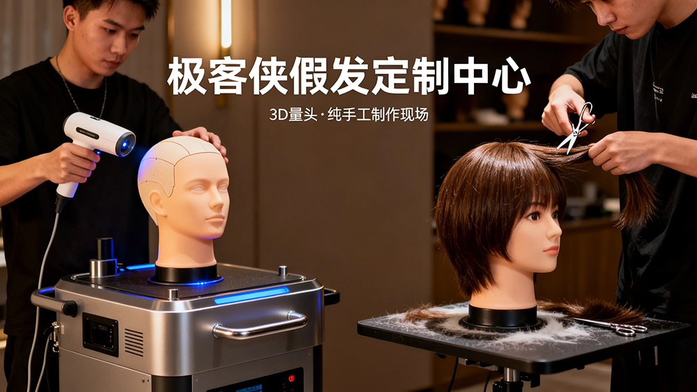 ? 【配图:极客侠假发定制中心 · 3D量头与纯手工制作现场】