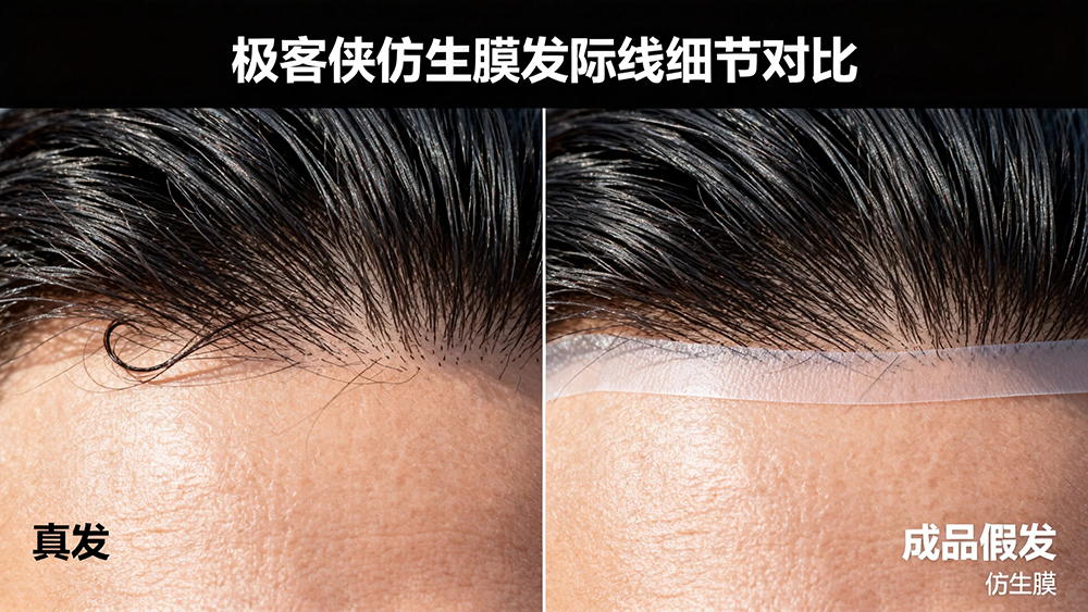 极客侠仿生膜发际线细节对比图(真发vs成品假发)
