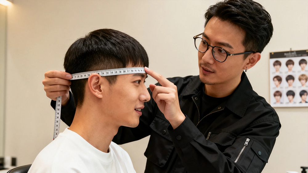 极客侠发型设计师为顾客进行头型测量与方案沟通