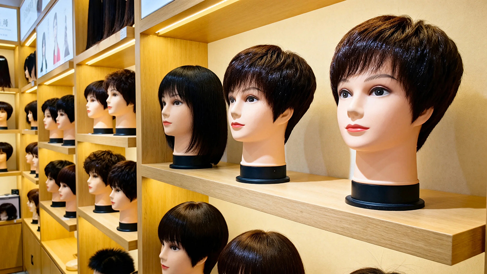 苏州观前街附近一家假发专卖店的内部环境,模特展示着自然逼真的假发