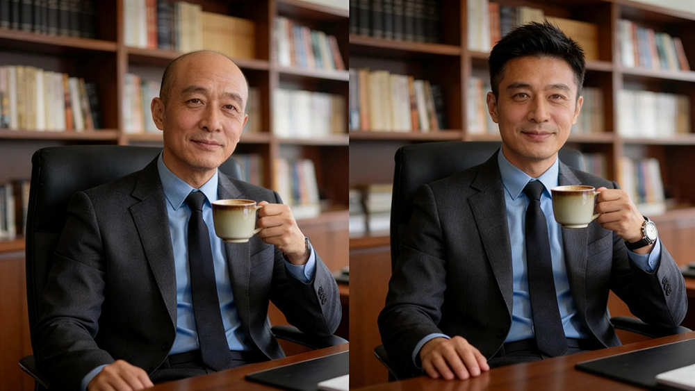 张先生秃头佩戴极客侠假发前后效果对比