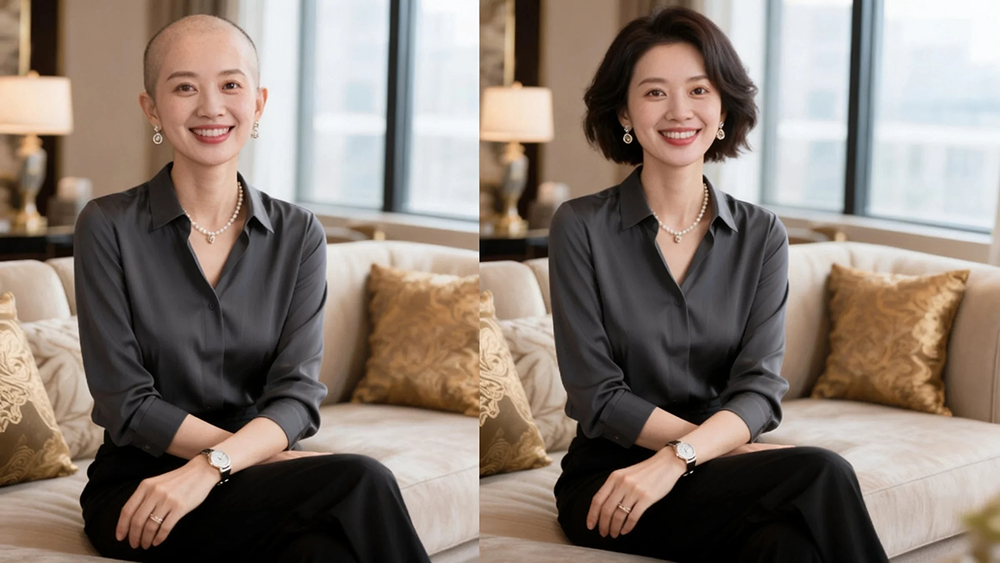 中年女人化疗脱发,佩戴极客侠假发前后效果对比较