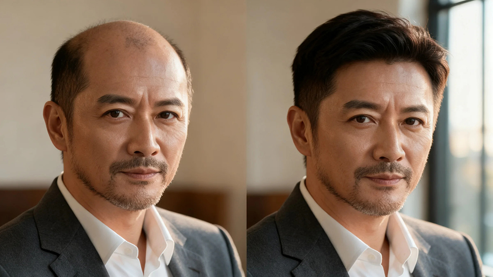 中年男人秃顶佩戴极客侠假发前后效果对比