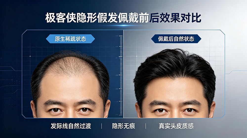 极客侠隐形假发佩戴前后效果对比