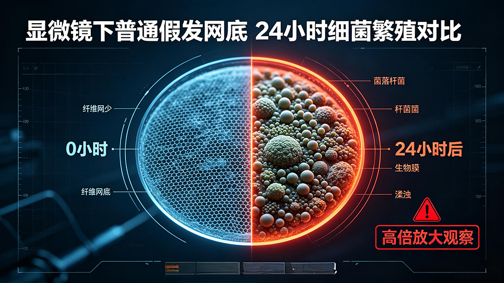显微镜下普通假发网底24小时细菌繁殖对比,菌落密布触目惊心