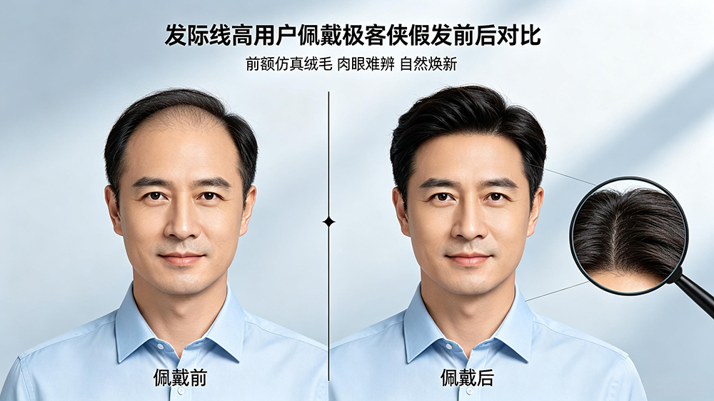 一名发际线高用户佩戴极客侠假发前后对比,前额仿真绒毛肉眼难辨,效果自然焕新