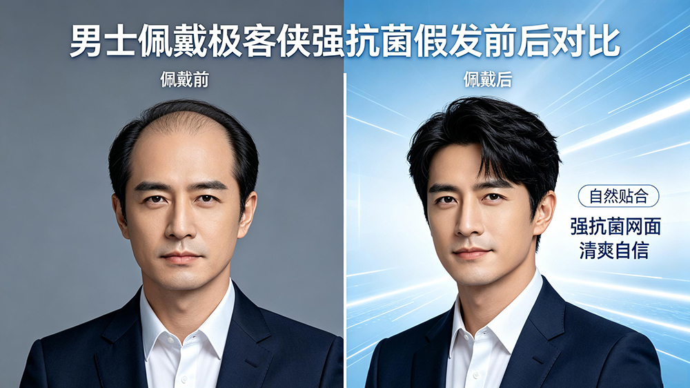 男士佩戴极客侠强抗菌假发前后对比