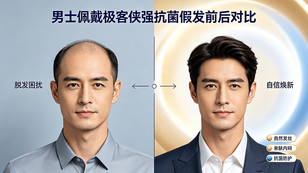 秃头佩戴极客侠假发前后效果对比