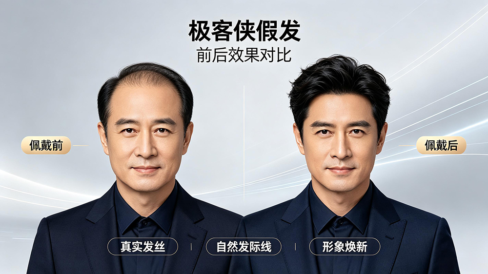 秃顶佩戴极客侠假发前后效果对比
