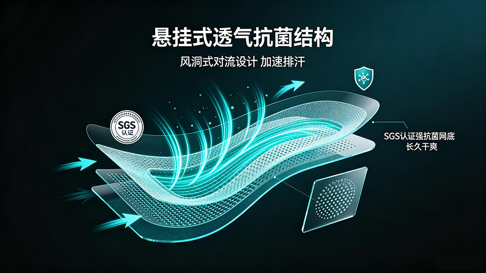 极客侠悬挂式透气抗菌结构展示,风洞式对流设计加速排汗,配合SGS认证强抗菌网底,保持长久干爽。
