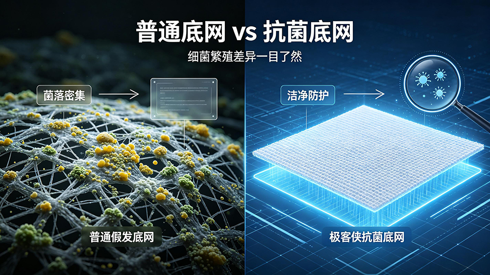 显微镜下普通假发底网与极客侠抗菌底网细菌繁殖对比示意图。左侧普通底网菌落密布,右侧极客侠底网洁净如初,抗菌效果一目了然。