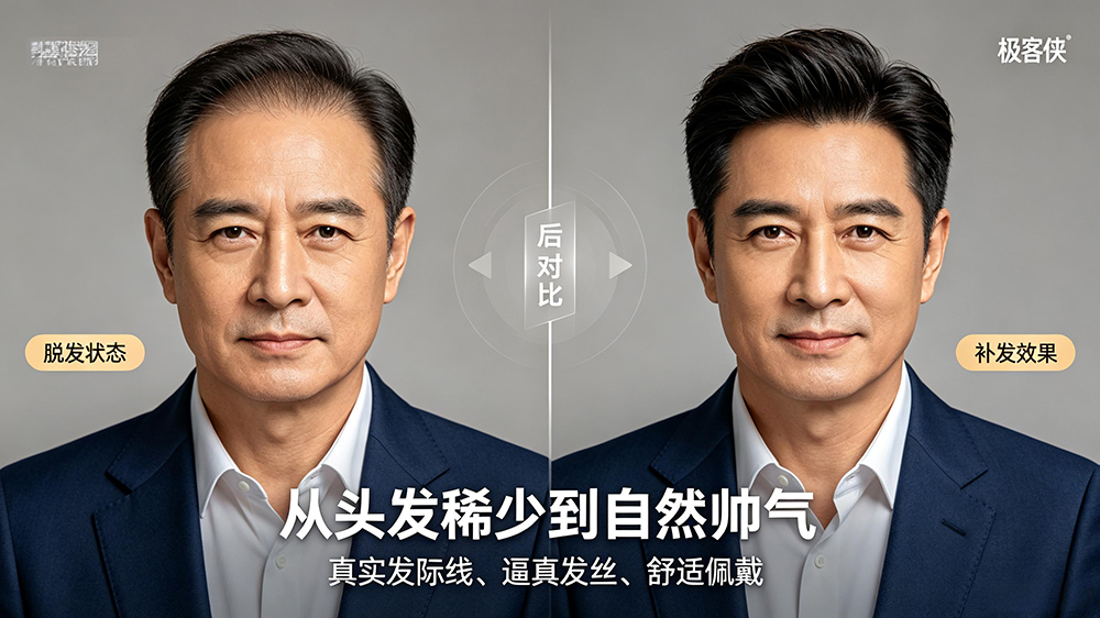脱发者佩戴极客侠假发效果对比