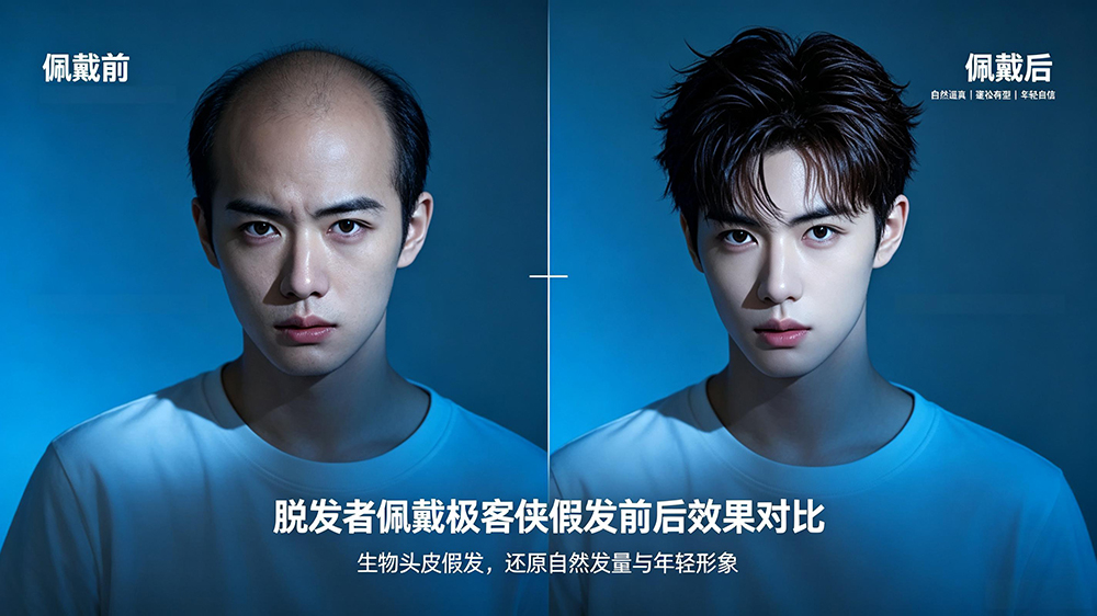 脱发者佩戴极客侠假发前后效果对比
