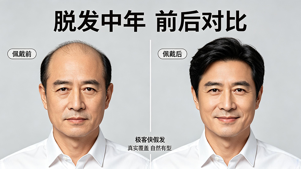 秃顶佩戴极客侠假发前后效果对比