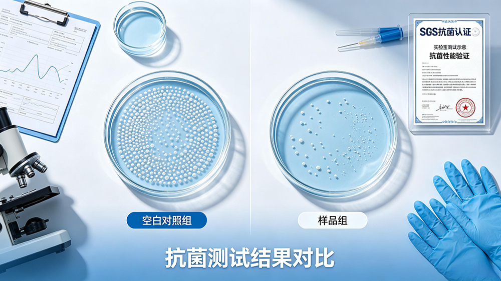 SGS认证证书示意及实验室抗菌测试培养皿对比图，左侧空白对照组菌落密集，右侧样品组菌落稀少