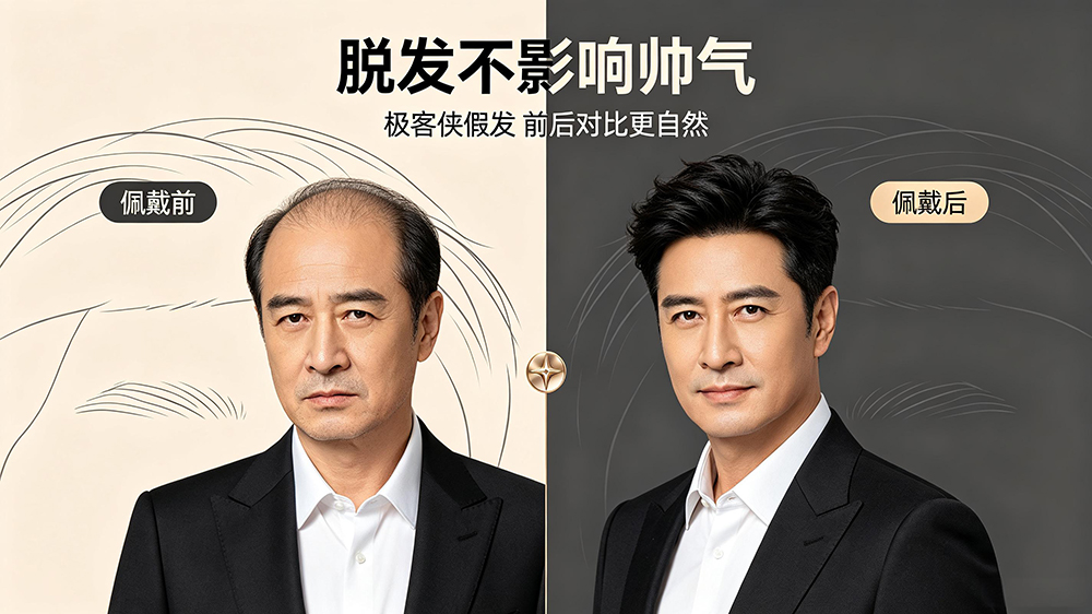 秃顶佩戴极客侠假发前后效果对比