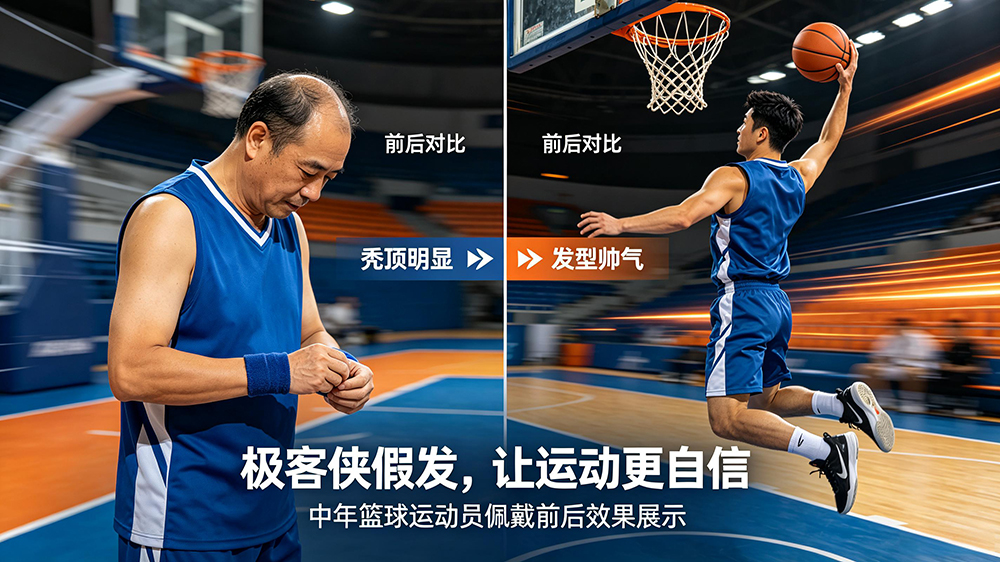 秃顶佩戴极客侠假发前后效果对比