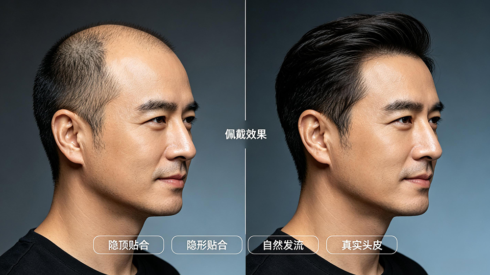 秃顶中年人佩戴极客侠假发前后效果对比