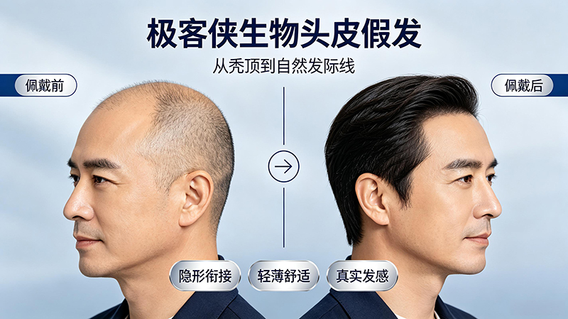 脱发男子佩戴极客侠假发前后效果对比