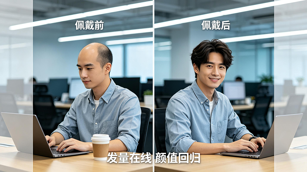 秃顶程序员佩戴极客侠假发前后效果对比
