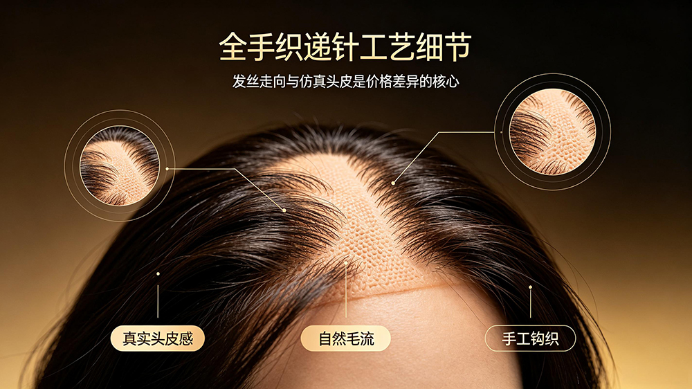 全手织递针工艺细节——发丝走向与仿真头皮是价格差异的核心
