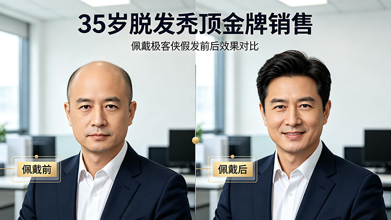 35岁脱发秃顶金牌销售佩戴极客侠假发前后效果对比