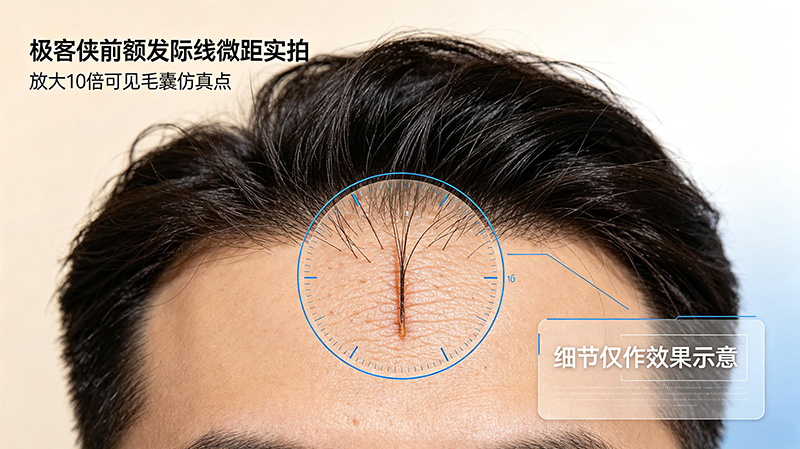 极客侠前额发际线微距实拍，放大10倍可见毛囊仿真点
