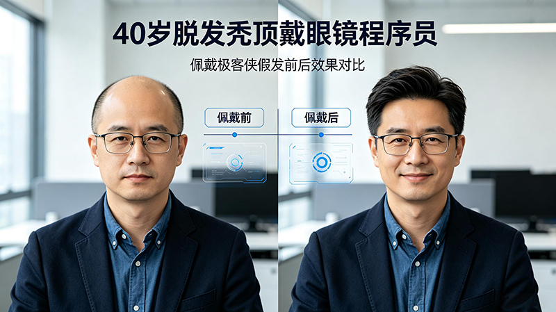 40 岁脱发秃顶戴眼镜程序员，佩戴极客侠假发前后效果对比