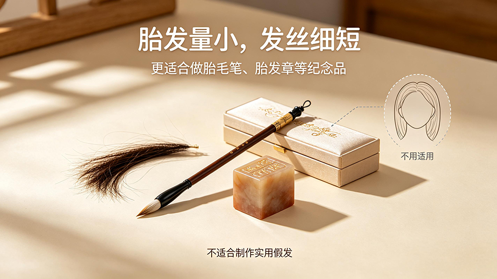 胎发量小、发丝细短，更适合做胎毛笔、胎发章等纪念品，而非实用假发