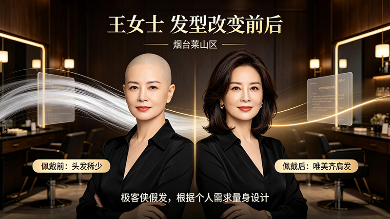 王女士,烟台莱山区,2025年11月定制,佩戴极客侠假发前后效果对比