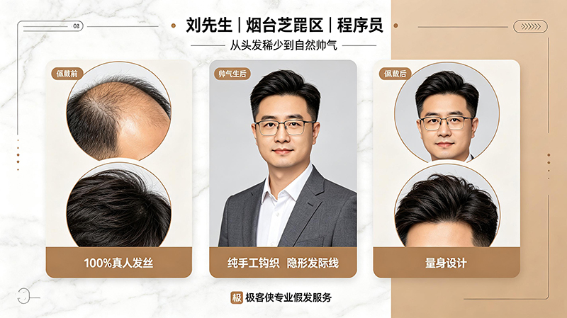 刘先生,烟台芝罘区,程序员,佩戴极客侠假发前后效果对比