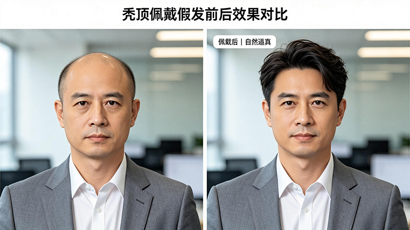 秃头销售经理佩戴极客侠假发前后效果对比