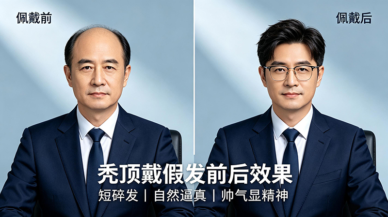 中年人秃头佩戴极客侠假发前后效果对比