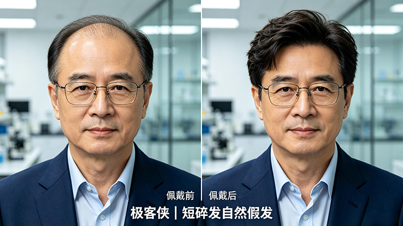 科学家发际线高佩戴极客侠假发前后效果比