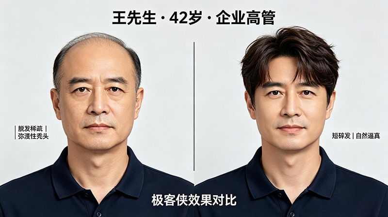 王先生 · 42岁 · 企业高管 · 弥漫性脱发,佩戴极客侠假发前后效果对比