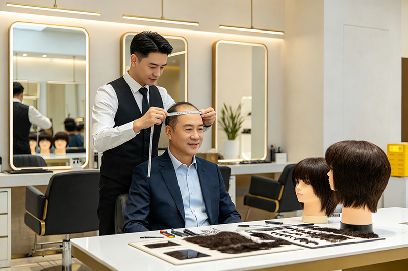 专业男士补发定制门店内,补发师正在为顾客进行一对一量头设计