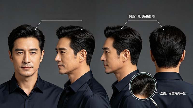 男士无痕隐形补发的前后左右四视图对比——判断「自不自然」,要看发际线过渡与侧面鬓角衔接,而不是只看正面。
