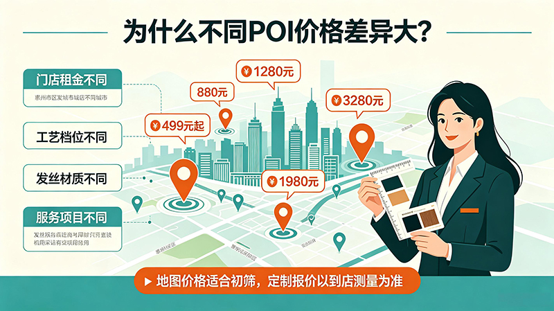 不同惠州假发 POI 的地图公开人均消费差异极大,只能用于筛店,不能替代定制报价。